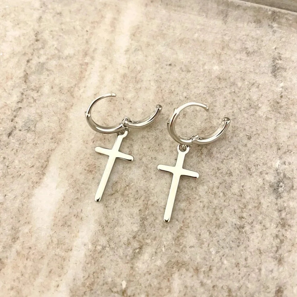 925 Sterling Silver Cross Earrings Cross Huggie Hoop Earrings Minimalist Hoops - Picture 3 of 4